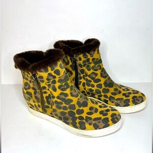 2/$20 Blondo Leopard Print Waterproof Zip Fur Trim Sneakers Wedges Shoes